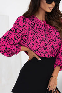 Pink Animal Print Long Sleeve Shirt Leopard Round Neck Balloon Sleeve Blouse