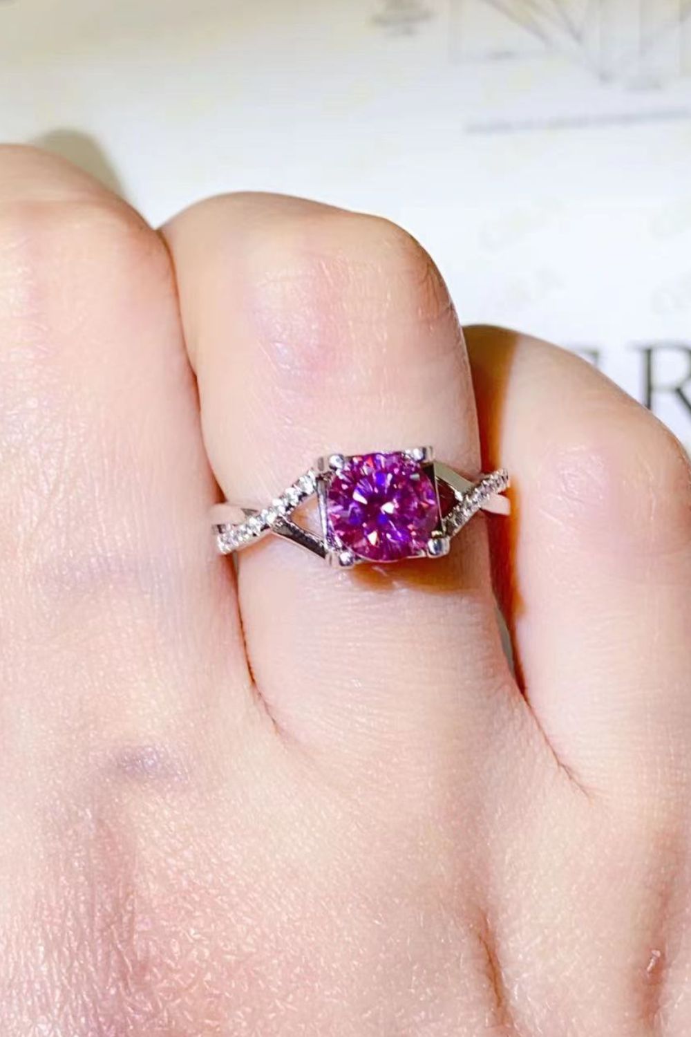 Pink Stone Ring 1 Carat Moissanite Crisscross 925 Sterling Silver Ring