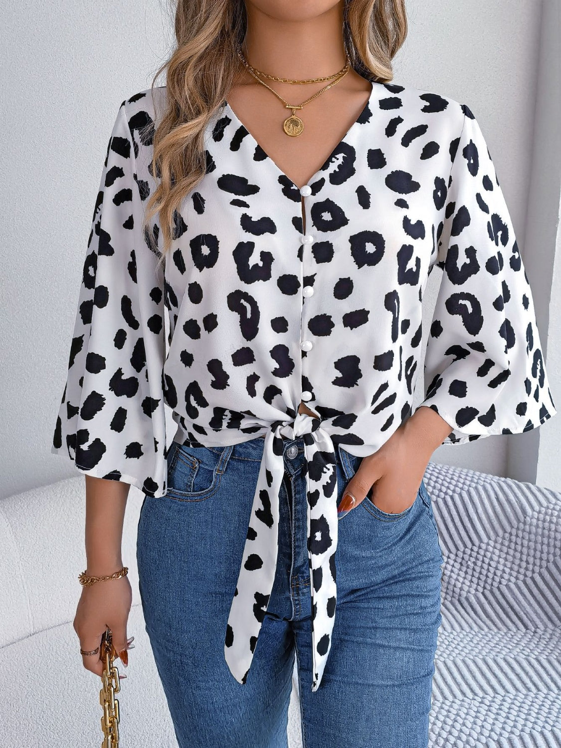 Animal Print Long Sleeve Shirt Women's Casual Tied Button Up Leopard V-Neck Blouse