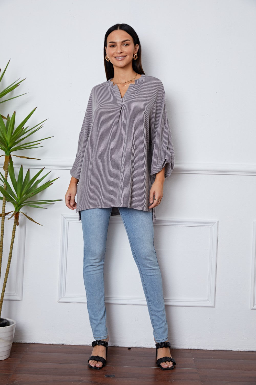 Grey Long Sleeve Shirt Women's Fashion Notched Roll-Tab Sleeve Casual Blouse