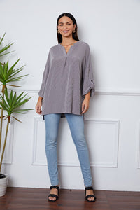 Grey Long Sleeve Shirt Women's Fashion Notched Roll-Tab Sleeve Casual Blouse