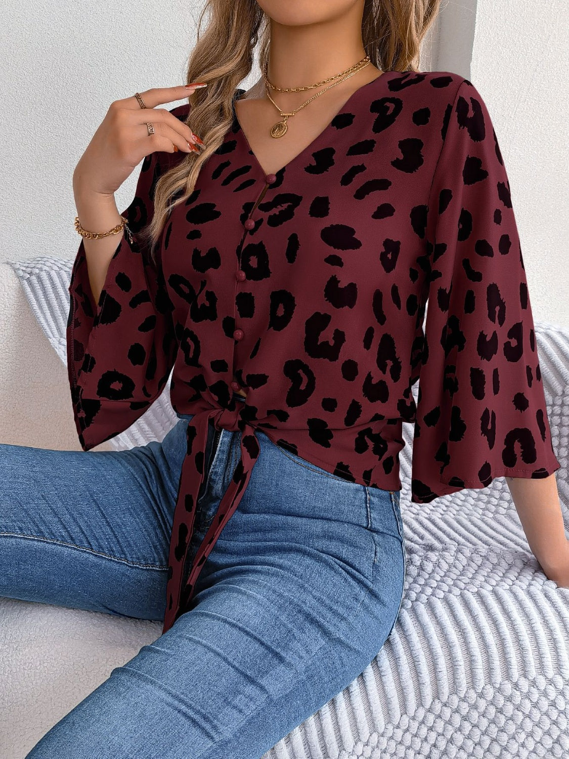 Animal Print Long Sleeve Shirt Women's Casual Tied Button Up Leopard V-Neck Blouse