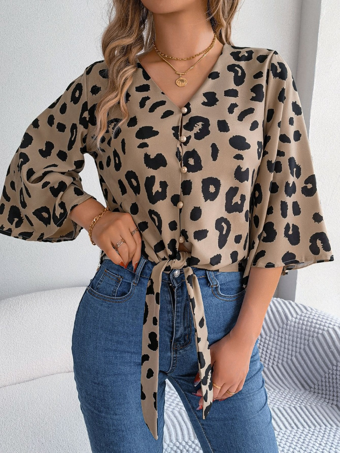 Animal Print Long Sleeve Shirt Women's Casual Tied Button Up Leopard V-Neck Blouse
