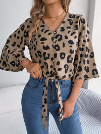 Animal Print Long Sleeve Shirt Women's Casual Tied Button Up Leopard V-Neck Blouse