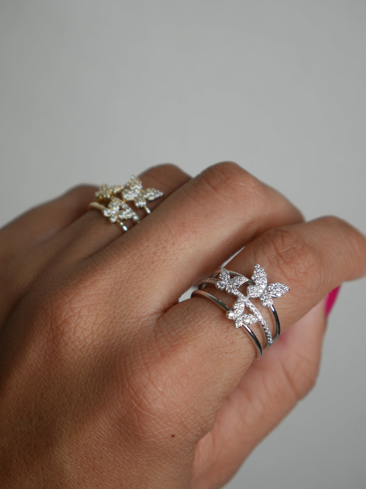 Butterfly Ring 925 Sterling Silver 14k Gold Plated Pave Diamond Three Layer Stacked Ring