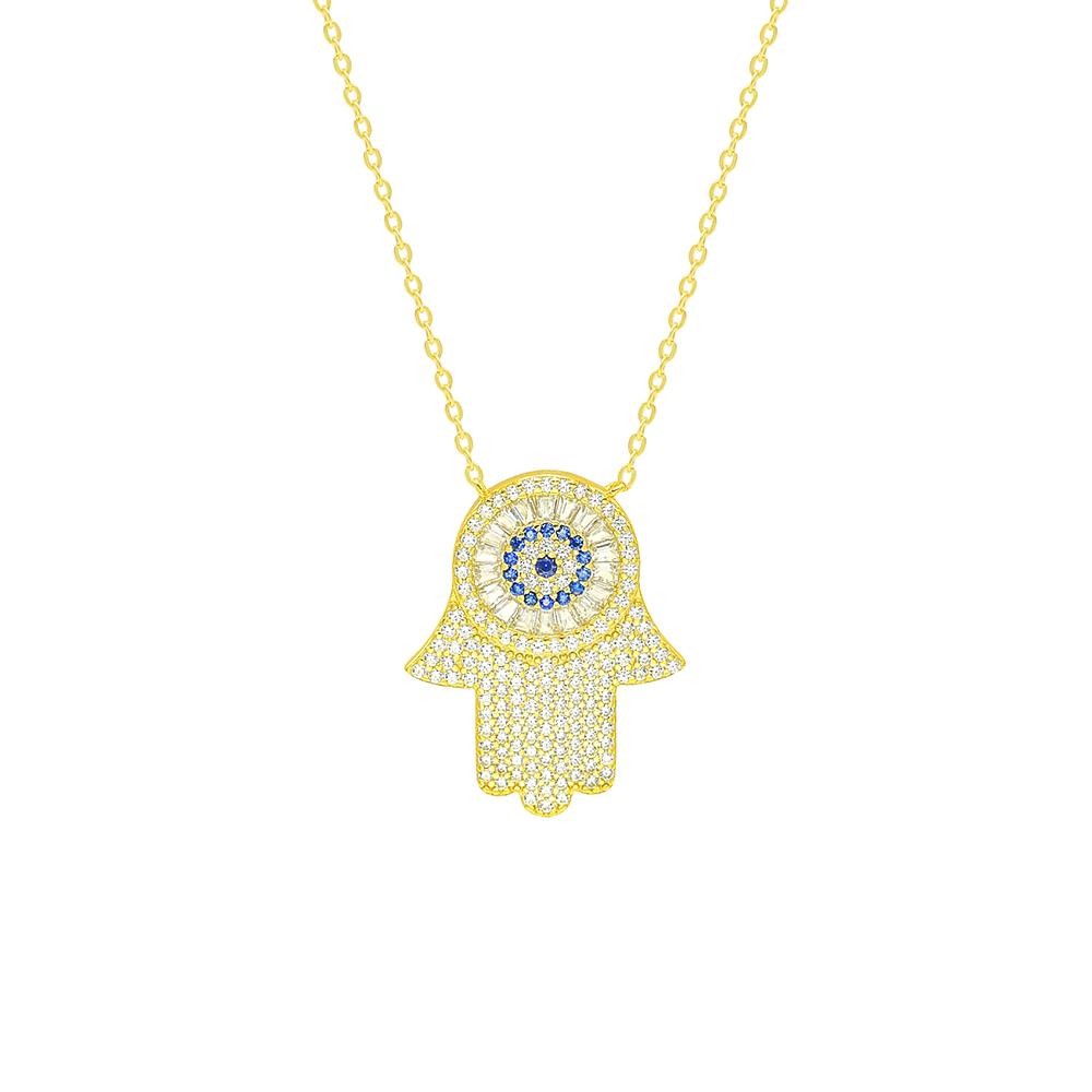 Hamsa Necklace with diamond CZ cubic zirconia 14k gold plated hamsa necklace dainty sterling silver .925 waterproof. Unique hamsa necklaces. Fatima hand necklace for good luck. Statement hamsa necklace. unique everyday hamsa necklace for protection. evil eye necklace with cubic zirconia. Waterproof evil eye necklace with hamsa. Unique evil eye necklaces for everyday. shopping in Miami. Shopping in Brickell. Kesley Boutique