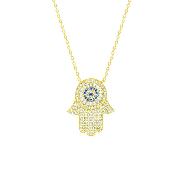 Hamsa Necklace with diamond CZ cubic zirconia 14k gold plated hamsa necklace dainty sterling silver .925 waterproof. Unique hamsa necklaces. Fatima hand necklace for good luck. Statement hamsa necklace. unique everyday hamsa necklace for protection. evil eye necklace with cubic zirconia. Waterproof evil eye necklace with hamsa. Unique evil eye necklaces for everyday. shopping in Miami. Shopping in Brickell. Kesley Boutique