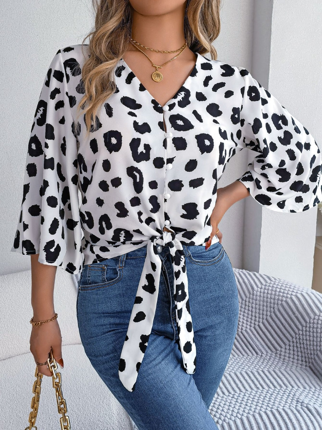 Animal Print Long Sleeve Shirt Women's Casual Tied Button Up Leopard V-Neck Blouse