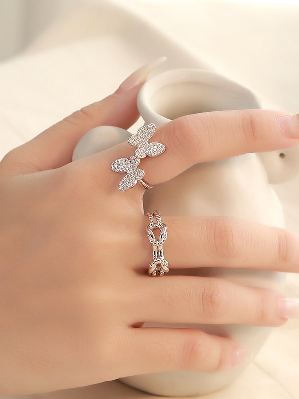 butterfly rings, nice butterfly rings, two butterfly rings, trending butterfly jewelry, white gold butterfly ring with diamonds for cheap, real sterling silver rings, real sterling silver jewelry, tarnish free rings, rings that dont rust, gift ideas, holiday gift ideas, size 7 rings, size 8 rings, white gold adjustable rings 