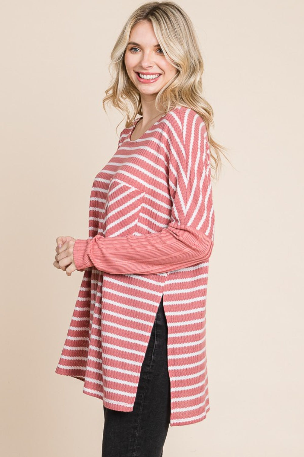 KESLEY Oversize Striped Round Neck Long Sleeve Slit T-Shirt New Women's Casual Blouse