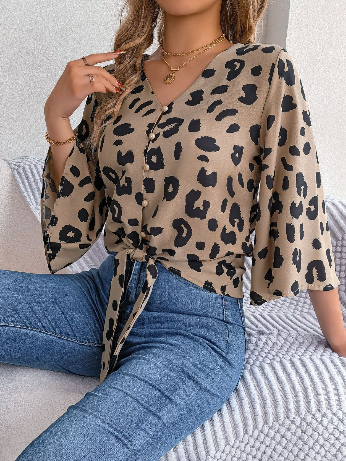 Animal Print Long Sleeve Shirt Women's Casual Tied Button Up Leopard V-Neck Blouse