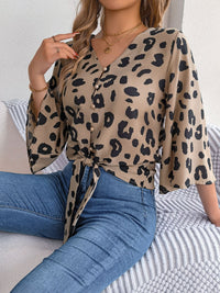 Animal Print Long Sleeve Shirt Women's Casual Tied Button Up Leopard V-Neck Blouse