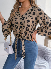 Animal Print Long Sleeve Shirt Women's Casual Tied Button Up Leopard V-Neck Blouse