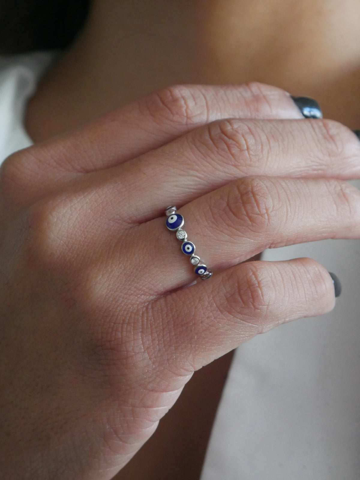 Dainty evil eye ring navy blue enamel sterling silver .925 waterproof unique trending and popular designer inspired nice jewelry and rings that wont tarnish or turn green famous instagram influencer brands cute jewelry trending Miami shopping Kesley Boutique