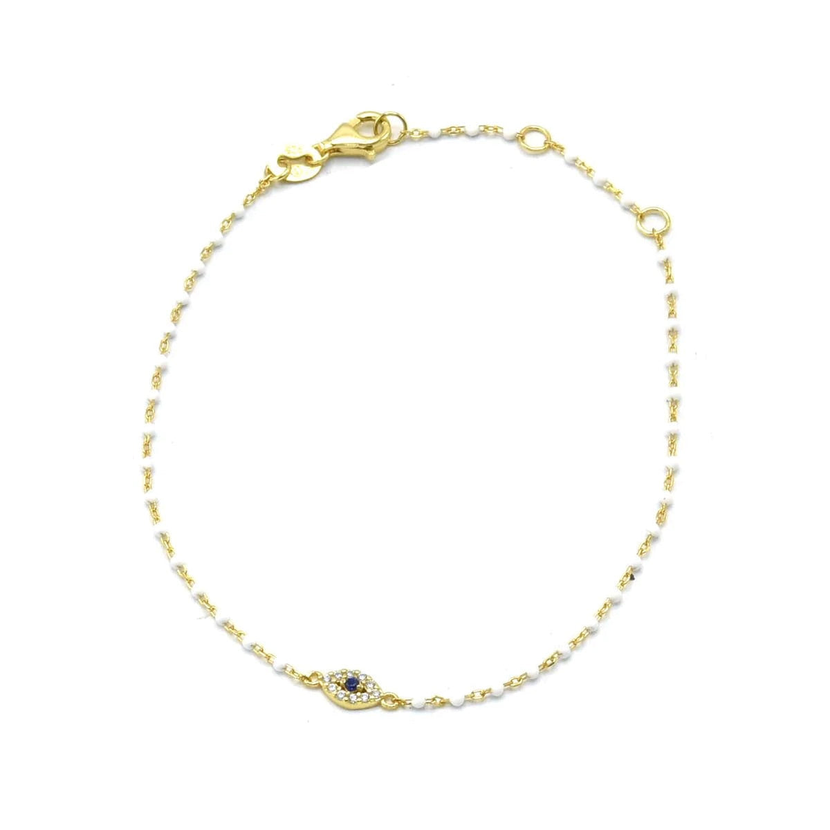 bracelets, gold bracelets, Evil eye bracelet gold plated, bead bracelets,evil eye bracelet with white beads gold plated sterling silver hypoallergenic for sensitive skin white beads dainty evil eye bracelet, popular, jewelry for good luck, influencer style bracelets trending on instagram shop and tiktok Kesley Boutique , white bracelets, evil eye jewelry, fashion jewelry, gift ideas, dainty bracelets, cubic zirconia 925