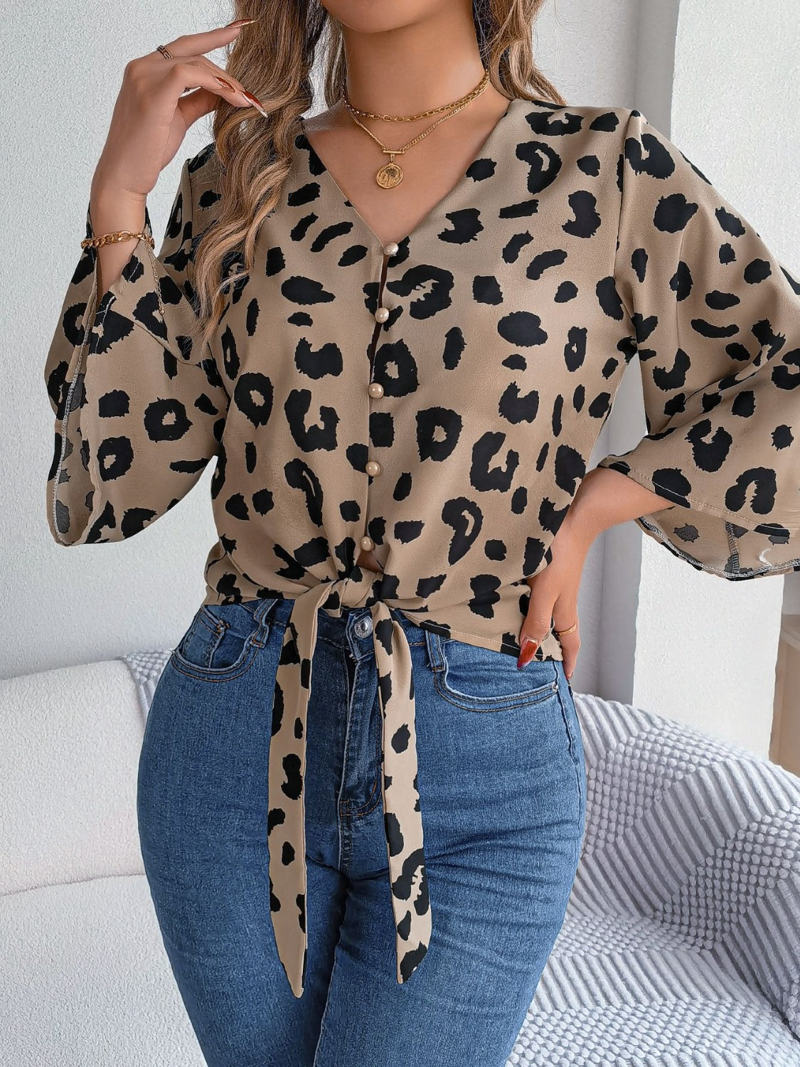 Animal Print Long Sleeve Shirt Women's Casual Tied Button Up Leopard V-Neck Blouse