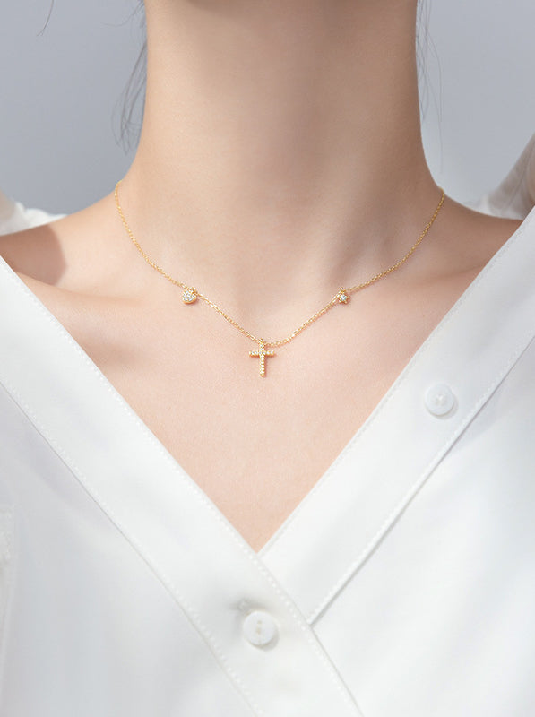 Cross Necklace with Star and Heart Charm Sterling Silver Hypoallergenic Luxury Dainty Jewelry KESLEY