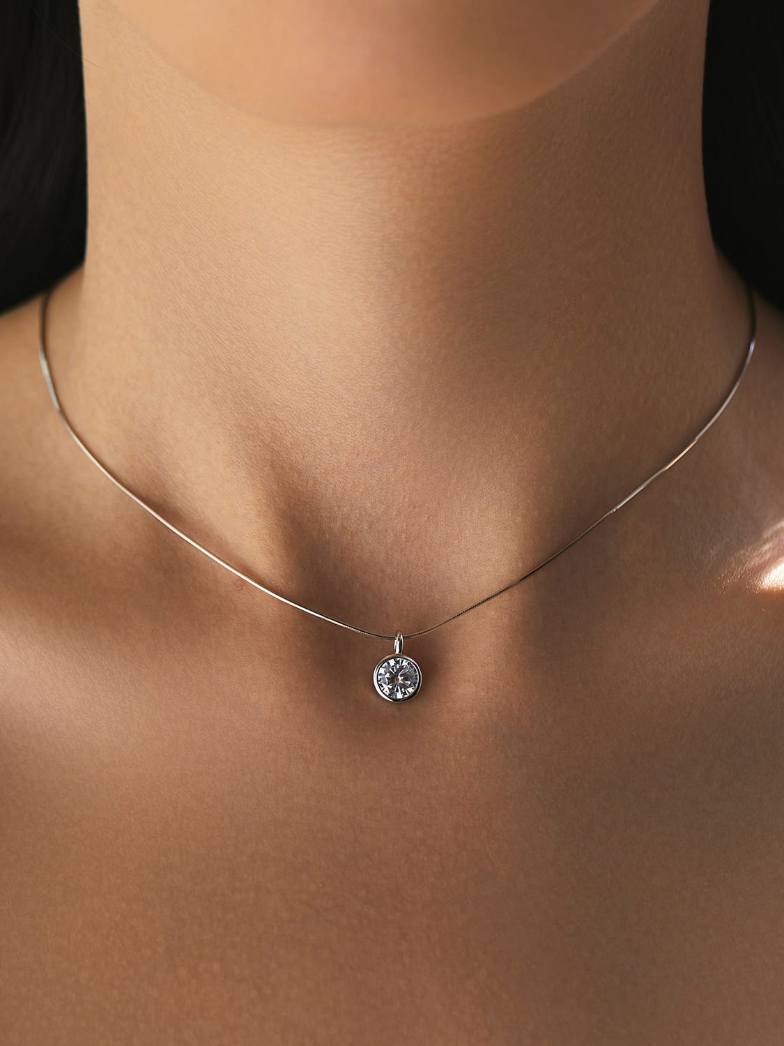 KESLEY Single Stone Bezel Cubic Zirconia Sterling Silver 925 Luxury Dainty Short Necklace